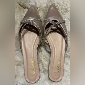 Lulu's Champagne Satin Heels with Rhinestone Straps